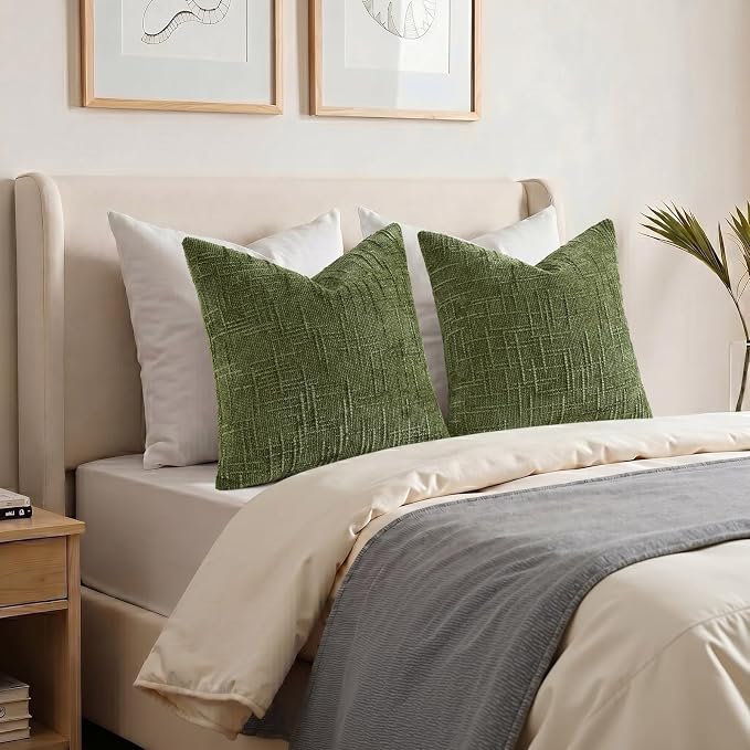 decorUhome Textured Chenille Throw Pillow Covers 20x20 Set of 2 Olive Green | Fall Modern Farmhouse Soft Cozy Slubby Couch Pillow Cases Boho Decorative Pillow Cases for Bed Sofa Living Room Home Decor