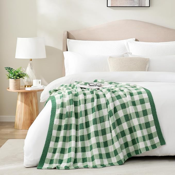 Snuggle Sac Checkered Blanket for Couch, Super Soft Cozy Warm Knit Netural Decorative Fluffy Blankets, Reversible Buffalo Plaid Microfiber Throws for Sofa Bed, Plaid Green, 50x60 Inches