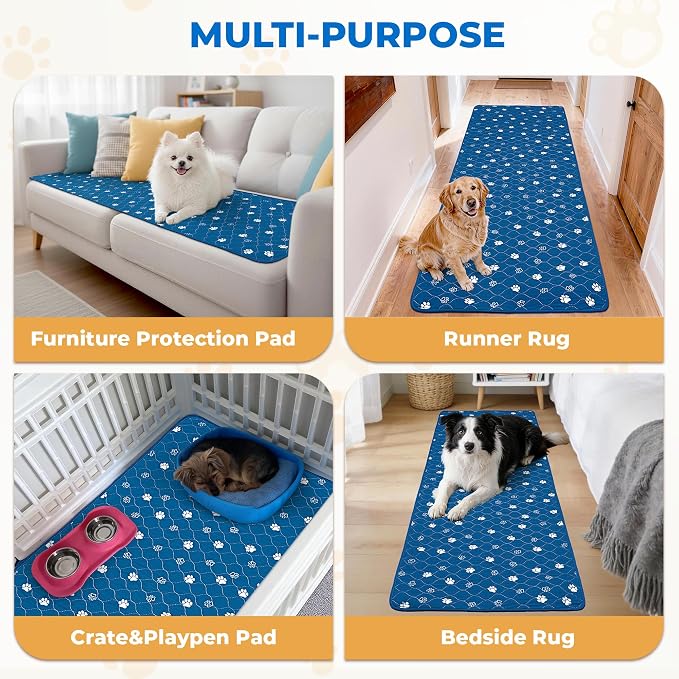 Fostanfly Non Slip Washable Dog Pee Pads, 24"x72" (2x6ft)-1 Pack, Blue | Reusable Puppy Pee Pads with Great Urine Absorption, Dog Mats for Whelping, Potty, Runner Rug for Hallway, Entryway, Bedroom