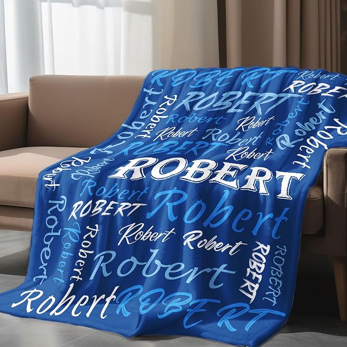Personalized Name Throw Blanket, Custom Navy Theme Light Soft Flannel Fleece Throw Blanket with Names for Men Women Boys Girls Kids, Customized Name Gifts for Birthday Christmas Valentines Day