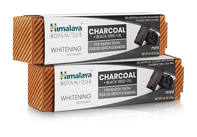 Himalaya Botanique Whitening Antiplaque Toothpaste with Charcoal + Black Seed Oil, Fluoride Free, for Whiter Teeth, 4 oz, 2 Pack…