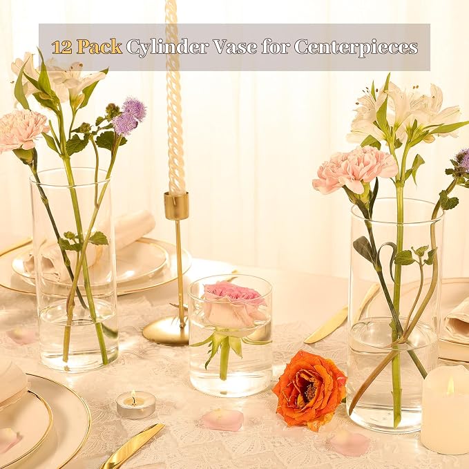 12pcs 8 Inch Clear Glass Cylinder Vases for Centerpieces | Tall Flower Vases for Wedding & Home Decor, Hurricane Floating Candle Holders for Table & Shelf