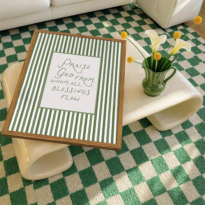 Framed Christian Wall Art, Praise God From Whom All Blessings Flow Scripture Pictures Wall Decor, Sage Green Striped Bible Verse Paintings Canvas Prints Religious Home Decor for Living Room 12x16 inch