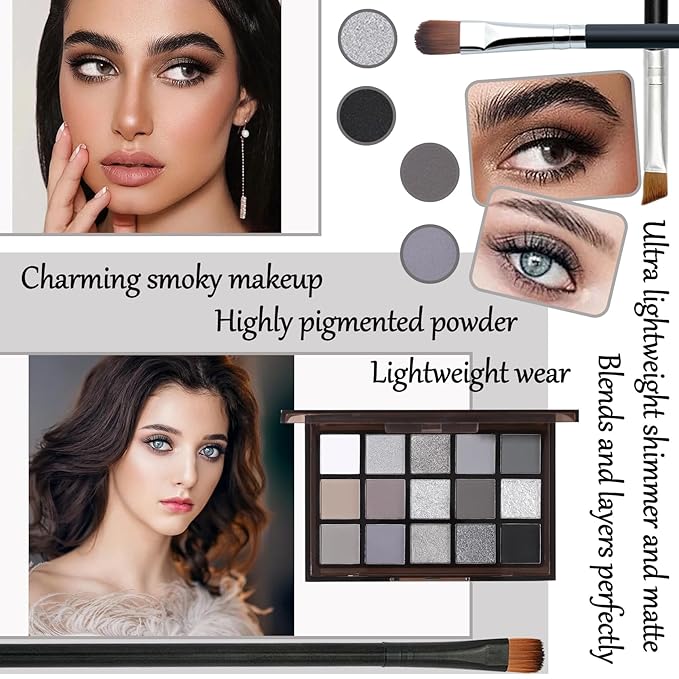 Black Grey Smoky Eyeshadow Palette,15 Colors Matte Shimmer Pigmented Eye Shadow Makeup Palette Set with 3 Eyeshadow Brushes,Glitter Eye Shadow Palette for Daily Halloween Goth Makeup(H)