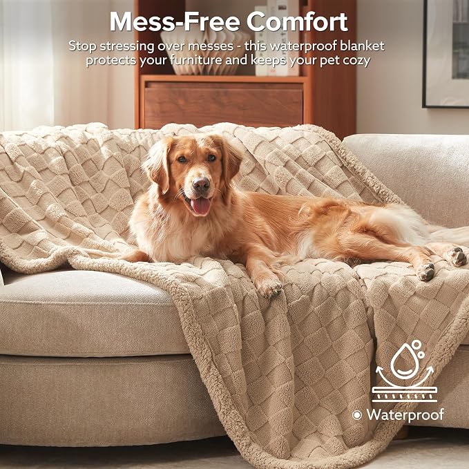 GASUR Waterproof Dog Blankets for Large Dogs, Dog Blanket for Couch Bed, Fleece Pet Blanket for Furniture Sofa Protector, Soft Pet Throw Blankets for Crate Car Outdoor, Washable, Twin 60"x80" Beige