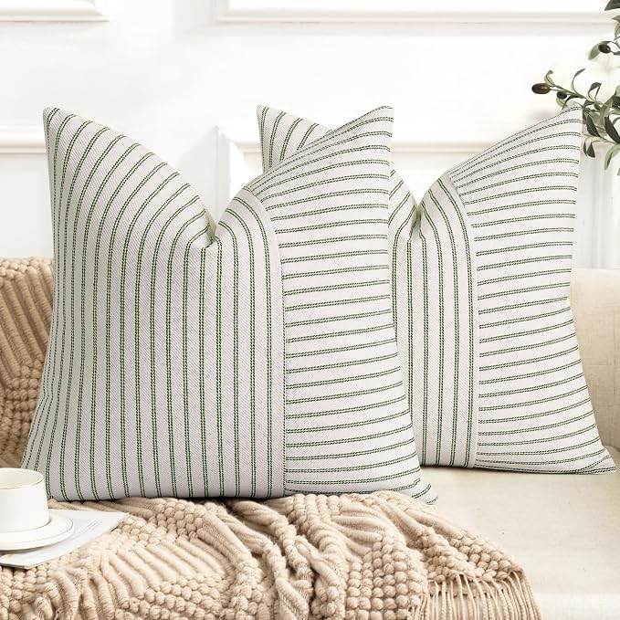 YCOLL Farmhouse Pillow Covers 16x16, Modern Accent Square Throw Pillow Covers Set of 2, Olive Green and Beige Striped Patchwork Linen Decorative Cushion Covers for Couch Chair Bedroom Home Decor