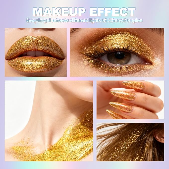 Erinde Holographic Body Glitter Gel, Roll-On Face Hair Glitter for Mermaid Makeup Festival Party Rave Accessories, Chunky Sequins Chameleon Shimmer Christmas Makeup for Women Girls, 07 Gold