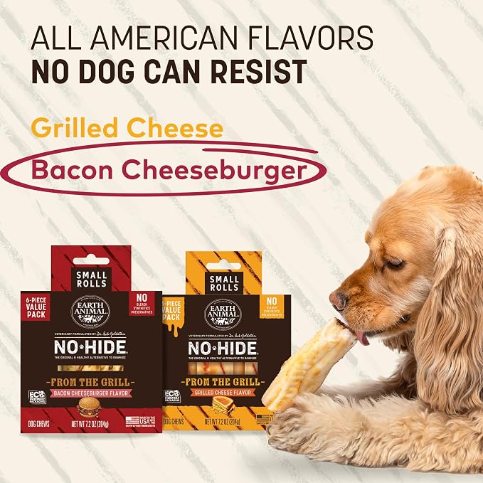 Earth Animal No Hide Dog Chews - Small Rolls 6 Count Bacon Cheeseburger | Small Rolls Bacon Cheeseburger Flavored Natural Rawhide Free Long Lasting Dog Chews - Pet Treats for Small Dogs