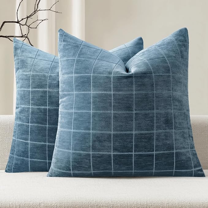 MIULEE Blue Plaid Decorative Throw Pillow Covers 20x20 Set of 2 | Vintage, Check Chenille Couch Pillows, Neutral Boho Farmhouse Cushion Covers, Modern Home Decor for Sofa Bed Living Room