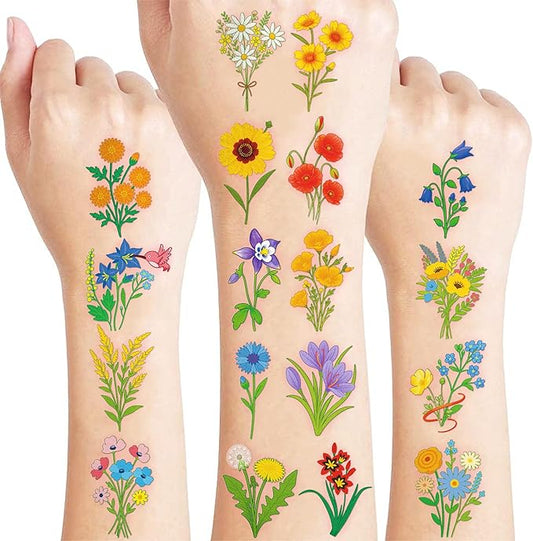 96 PCS Small Wildflower Pre-Cut Temporary Tattoos for Kids | Super Cute Floral Themed Birthday Party Favors, Supplies, Decorations, Fake Tattoo Stickers, School Rewards Prizes & Gifts for Boys Girls