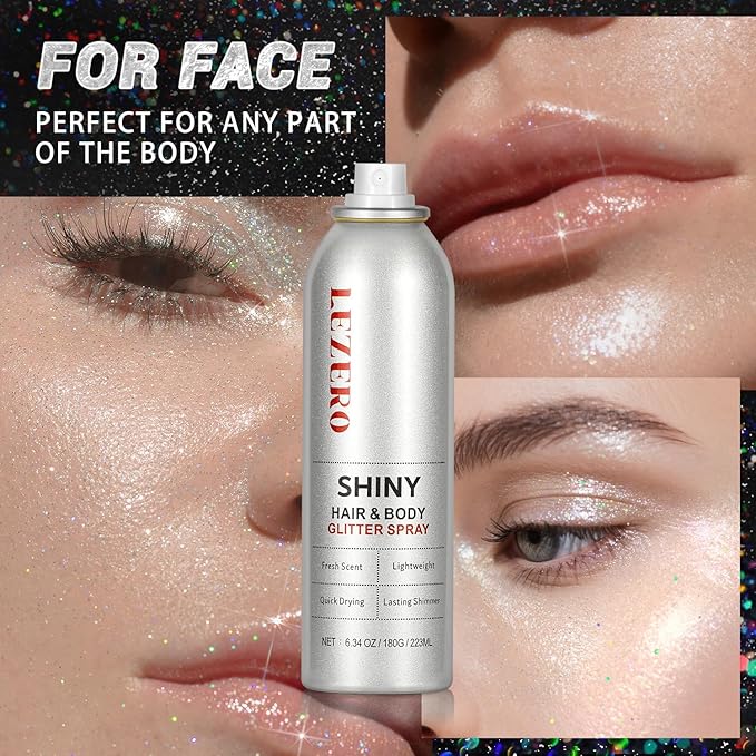 Hair and Body Glitter Spray for Women Kids, 6.34OZ Large Capacity Original Temporary Shimmery Glitter Spray for Festival Rave Outfits Accessories, Singer Concert, Wedding Season, Rainbow Silver