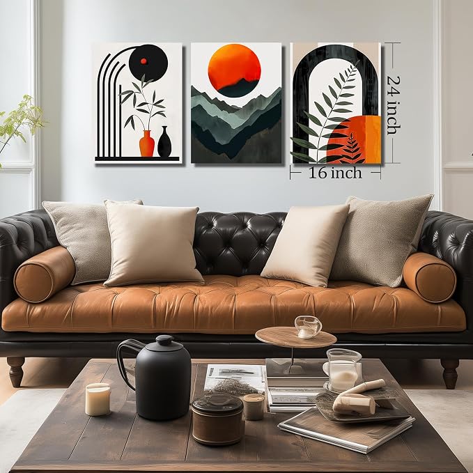 DNIEOTU Bohemian Wall Art for Living Room, Boho Geometric Shapes Canvas Wall-Decor for Bedroom, Minimalist Mountain and Moon Picture Prints, Size 16 x 24 Inches 3-Pieces