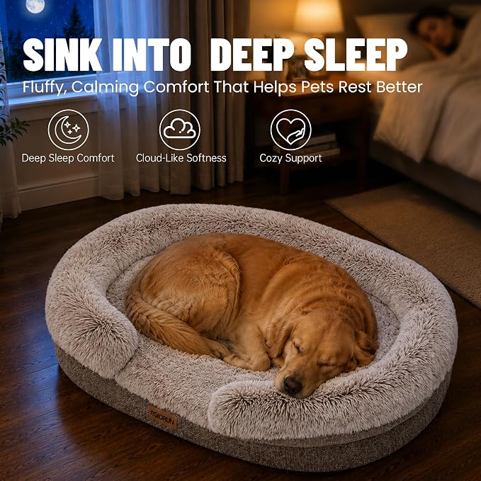 Fluffy Orthopedic Dog Beds Large Sized Dog, 36" Bolster Sofa Bed | Soft plush faux fur,lowered entry,washable cover,waterproof liner,claming dog couch for x-large dogs,supportive bolster