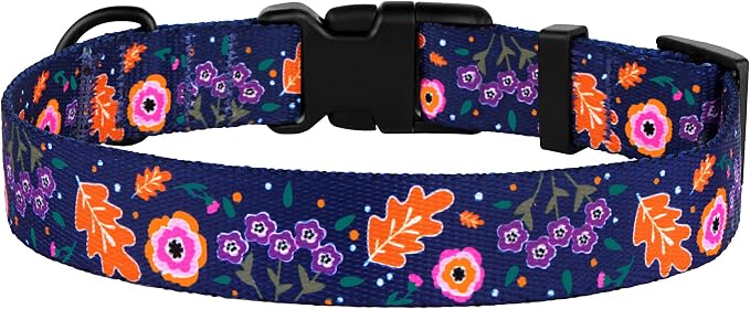 Nylon Dog Collar Floral Pattern Navy Blue 12-16 inch