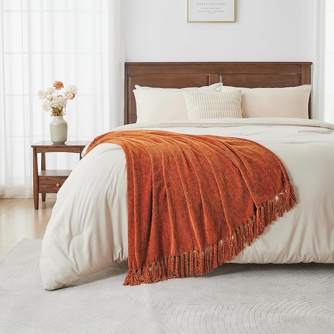 CozeCube Chenille Throw Blanket, Rust Orange Fringe Blanket, 60"X80" | For Couch, Cozy Plush Fuzzy Decorative Blanket with Fringe Tassels, Lightweight Throws for Bed Sofa Gift Home Decor