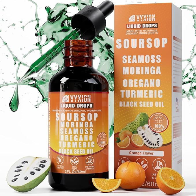 Soursop Bitters Liquid Drops 10 in 1 with Sea Moss, Moringa, Turmeric, Black Seed Oil, Oregano, Ashwagandha | Herbal Extracts for Overall Health-Enhancing | Vegan, Non-GMO | 2 Fl Oz (Orange flavor)