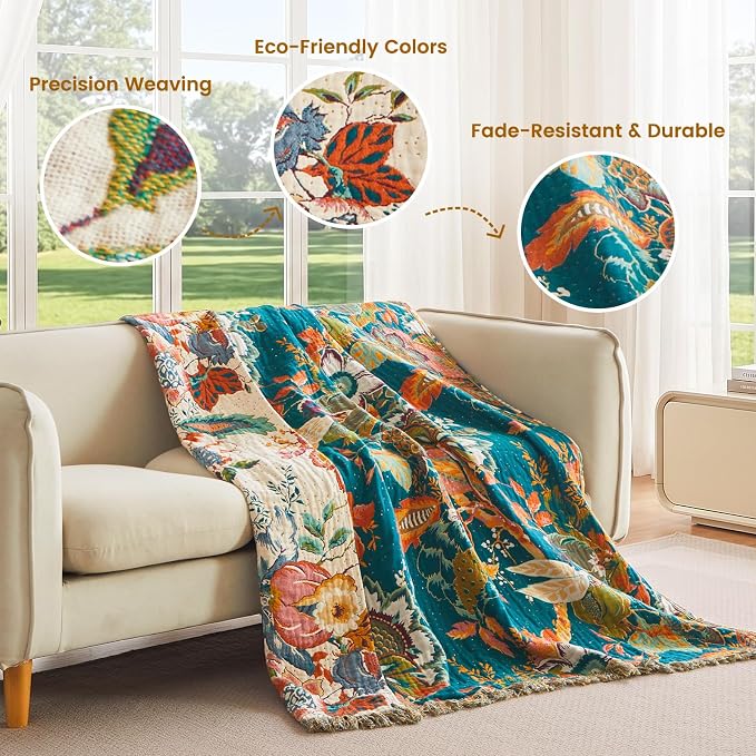 MSGKV Throw Blanket 60"x80" 100% Cotton Ocean Animals Throw for Couch Bed | 100% Cotton Throw, Cute Ocean Animals, Reversible Woven, Summer Breathable, Lightweight Comfort, Farmhouse Decor