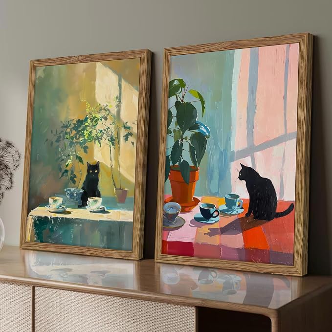 Framed Black Cat Wall Art Set of 2, Vintage Funny Cat Coffee Canvas Wall Decor Paintings, Moody Cute Animal Artwork Prints Picture for Kitchen Dining Room Living Room 12x16 Inch