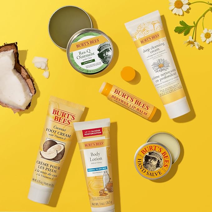 Burt's Bees Mothers Day Gifts Ideas - Timeless Minis Set, 6 Products - Beeswax Lip Balm, Coconut Foot Cream, Honey Body Lotion, Deep Cleansing Cream, Res-Q Ointment & Hand Salve