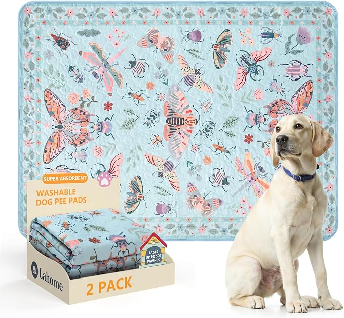 Lahome Insect Washable Reusable Pee Pads for Dogs, 2 Pack, Blue, 36x48 | Waterproof, absorbent pet mats with non-slip backing and butterfly print; suitable for crates, floors and potty training.