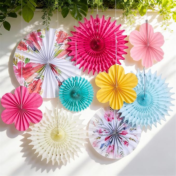SUNBEAUTY Paper Flowers Decorations for Wall Tea Party Decoration Paper Fans Classroom Decoration Paper Floral Backdrop Decor for Valentines Day Mother's Day and Wedding, Set of 9