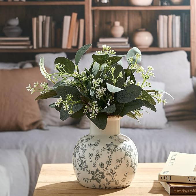 SIDUCAL Ceramic Vintage Vase, 5.91 Inch Retro Ice Cracked Chinoiserie Floral Vase, Rustic Farmhouse Vases for Home Decor, Bookshelf, Garden, Chinoiserie Decor, Tuscan Decor, Gray Floral Pattern