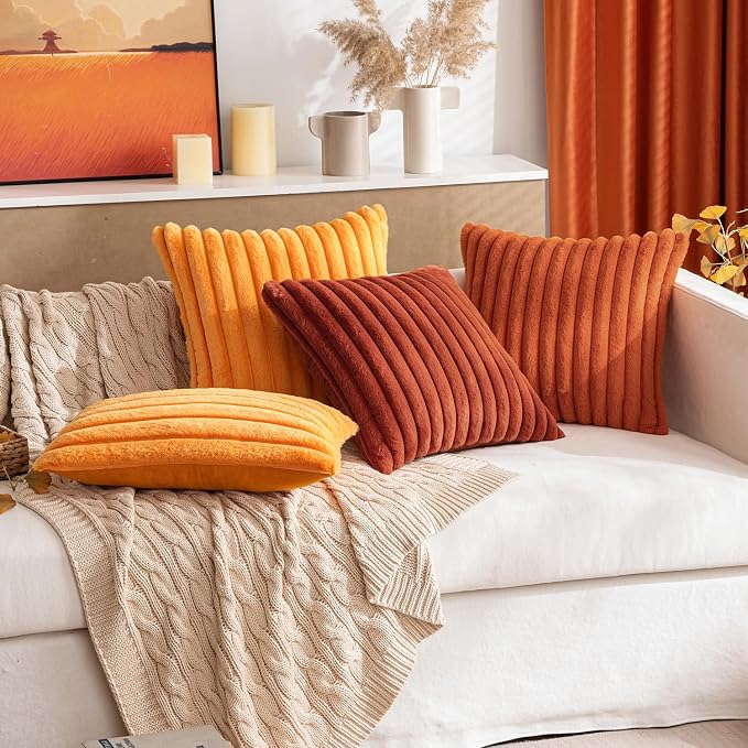 MIULEE Fall Faux Fur Decorative Throw Pillow Covers 20x20 Burnt Orange | Set of 2, Vintage Boho Soft Plush Couch Pillows, Cozy Fluffy Cushion Covers for Sofa Bed Living Room Home Decor