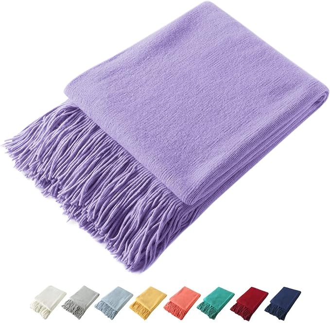 Homiest Lavender Knitted Throw Blanket with Fringe, 50x60 Inch | Pure Acrylic, Lightweight & Breathable, All-Season Use, Machine Washable, Wrinkle & Fade Resistant, for Couch Sofa And Bed