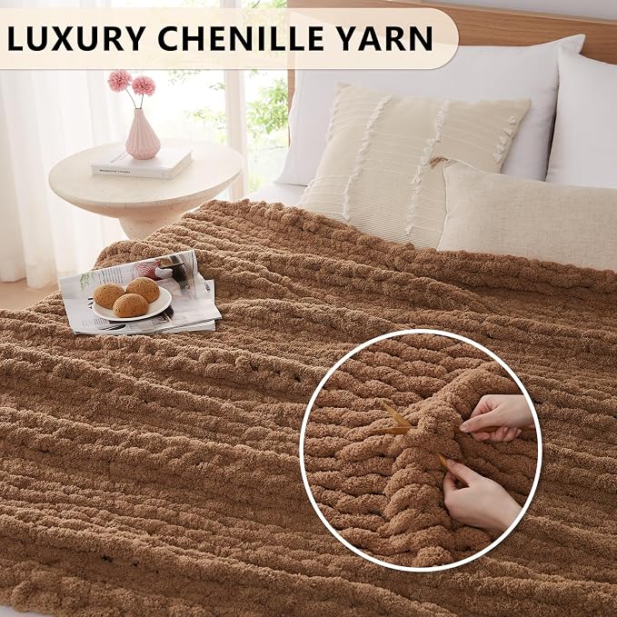 L'AGRATY Chunky Knit Throw Blanket for Couch, 80'' x 90'' Knit Throw, Brown | Handmade Chenille Crochet Blanket for Sofa Bed, Thick Cable Knitted Blankets for Room Home Decor, Birthday Gift for Women Mom