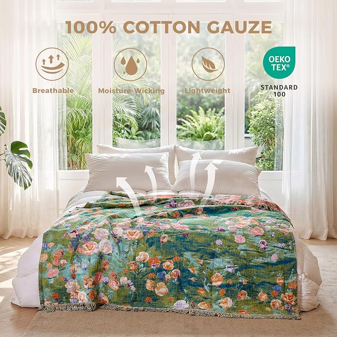 LUTBM Boho Throw Blanket for Bed 60"x80", All Season Cotton Couch Blankets | Reversible Green Garden Embroidery, Soft Twin Quilt, For Chair Sofa Living Room Bedroom, Lightweight Gauze, Home Decor Gift