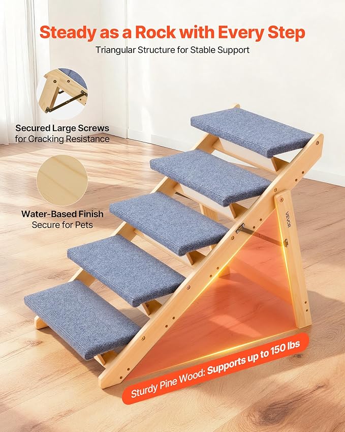 VEVOR Wood Pet Stairs, 5-Step Dog Stairs for Beds, Sofa & Cars, Floded Flat | For Small Medium Large Older Pet Puppy Essentials, 150lbs Load Capacity, Stable & Sturdy Cat & Dog Step Ladder, Non-Slip