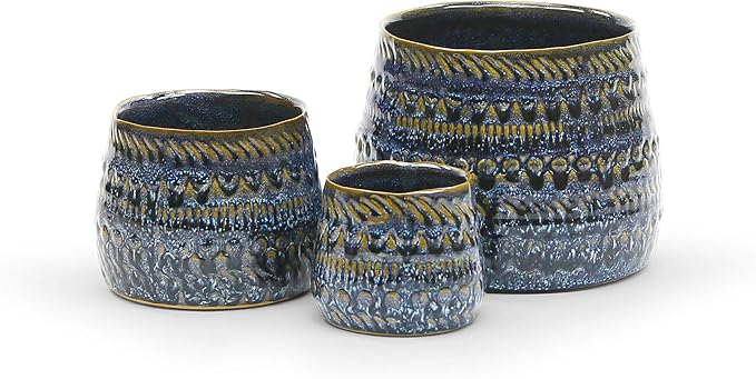 WGV Ceramic Vase, Width 6.7", Height 5.1", Dark Blue Kano Pot, Textured Antique Pattern Planter Dome for Wedding Event Office Home Decor, 1 Piece