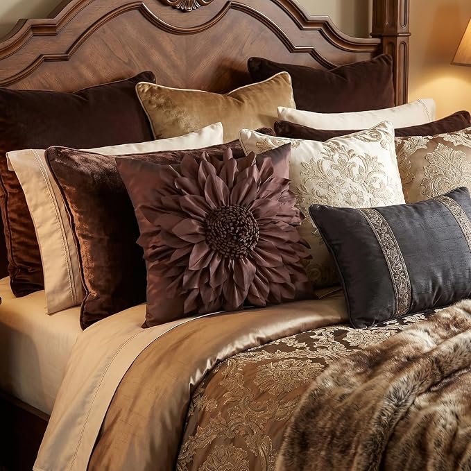 Brown Accent 3D Flower Decorative Throw Pillow Covers for Bed Sofa Couch | Bella's Giftshop Handmade Sunflower Taffeta Pillow Cases Living Room Bedroom Decor, 18x18 Inch