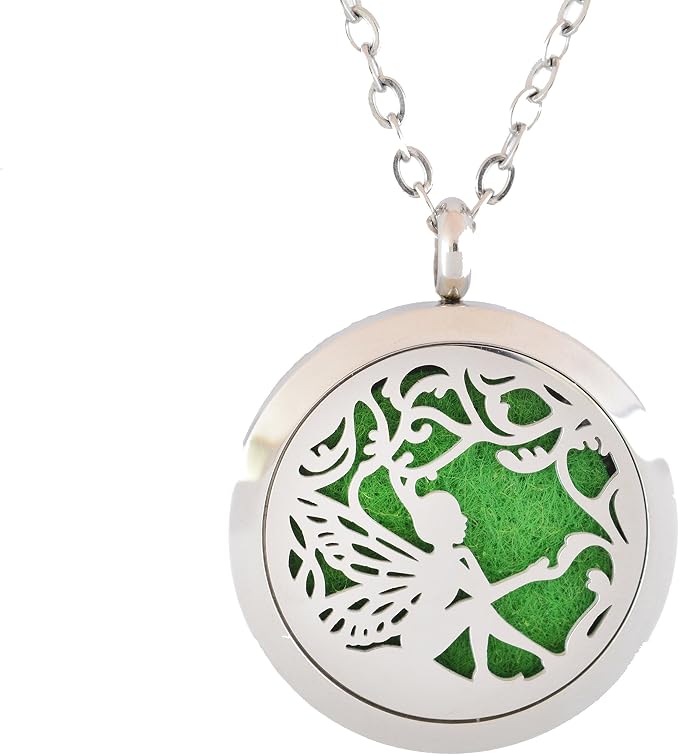 Aromatherapy Essential Oil Diffuser Stainless Steel 30MM Silver Magnetic Locket Pendant with Chain Necklace and Colored Refill Pads & Diffuser Bracelet All in a Gift Bag (Fairy)