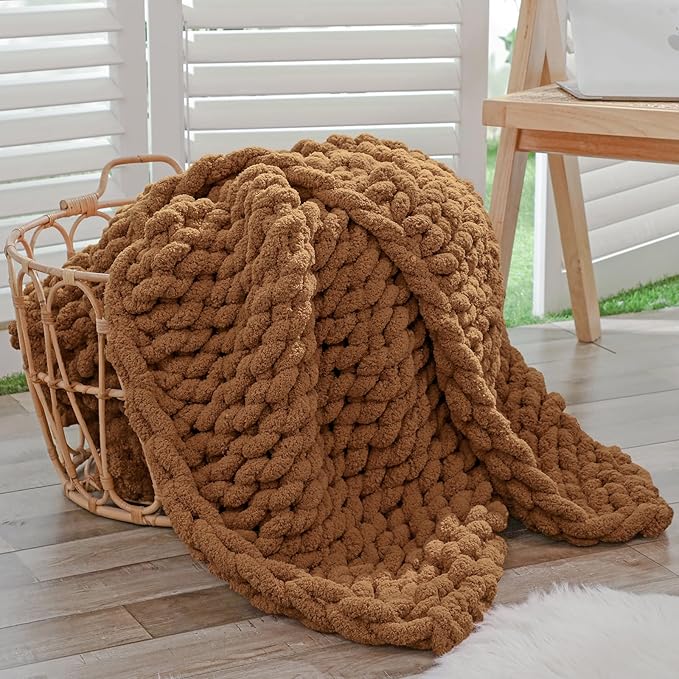 Bigacogo Chunky Knit Throw Blanket for Couch, 40x40 inches, Caramel | Hand Knit with Jumbo Chenille, Soft Breathable Cable Knit for Sofa Bed Living Room, Machine Washable, Gift for Mom Friend