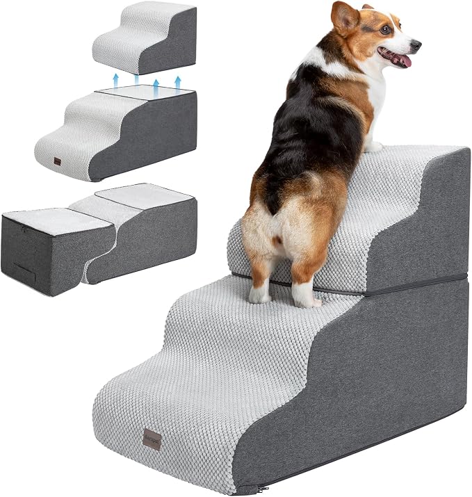 Garnpet Dog Stairs for High Beds, 4-Step Dog Steps for Small Dogs and Cats, Foldable Pet Stairs for High Bed Climbing, Non-Slip Balanced Pet Step Indoor, Light Grey
