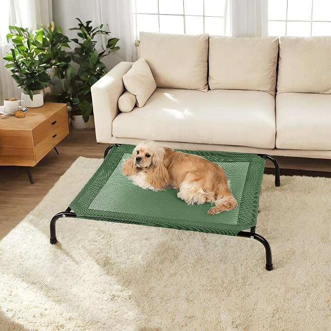 Cooling Elevated Dog Bed with Non-Slip Floor Protectors & Breathable Mesh, Raised Indoor & Outdoor Dog Cot Hammock, 34" L x 22" W x 8" Th, Small, Green