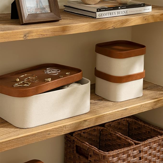 LA JOLIE MUSE Decorative Storage Boxes with Lids Faux Leather, Beige 3 Pack | Vegan Leather Lids, Fabric Covered Storage Basket, Organizer for Jewelry, Shelves, Bedroom & Closet Storage Memory Box