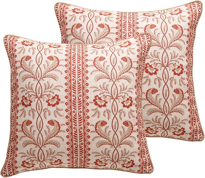 Designer Linen Throw Pillow Cover,Set of 2,18"x18"-Chamonix A | Vintage Elegant Square Pillow Cover,Concealed Zipper Design,Floral Pattern,Sofas,Bedroom,Living Room,Lounge Chairs