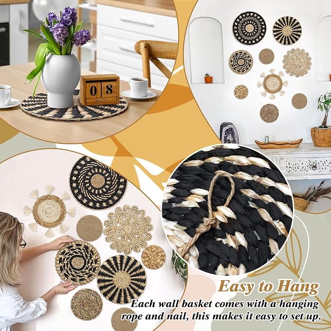 LOMOHOO Set of 9 Boho Wall Basket Decor Wicker Woven Wall Basket Decoration | LOMOHOO Bohemian Handcrafted Round Basket Hanging Decor Bulrush Wall Art Decors for Living Room Rustic Home