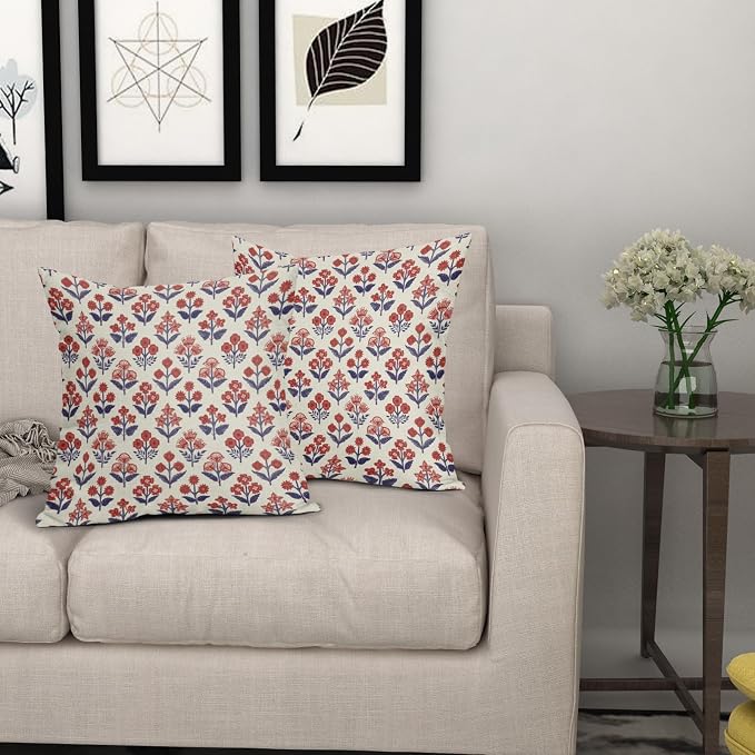 4th of July Patriotic Floral Block Print Pillow Covers 24x24 Inch Set of 2, Navy Blue Red Vintage Flower Decorative Throw Pillowcases Outdoor Memorial Day Cushion Covers Holiday Sofa Couch Bed Decor