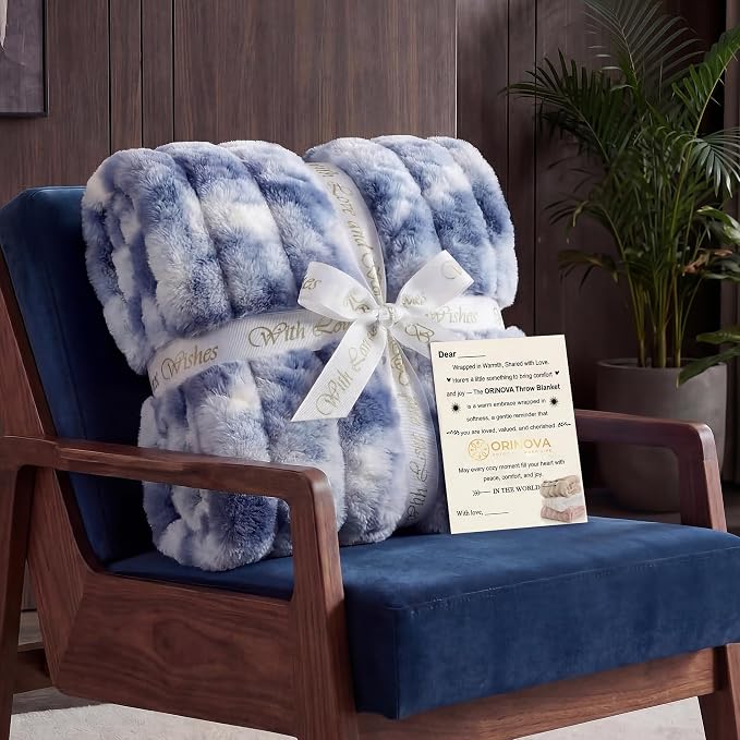 ORINOVA Tie-dye Blue Soft Comfy Throw Blanket for Couch Bedroom Faux Fur 50x60 Fluffy Blanket for Living Room Furry Bed Cozy Home Decor Gifts 860 GSM