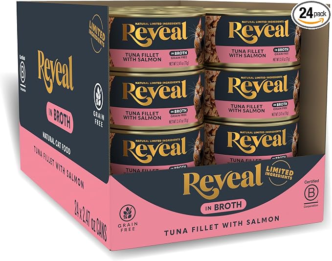 Reveal Tuna & Salmon in Broth Wet Cat Food 24-Pack 2.47 oz Cans | 100% Natural, High Quality Protein, Limited Ingredient, Grain Free, Complementary Food, No Fillers, No Artificial Additives