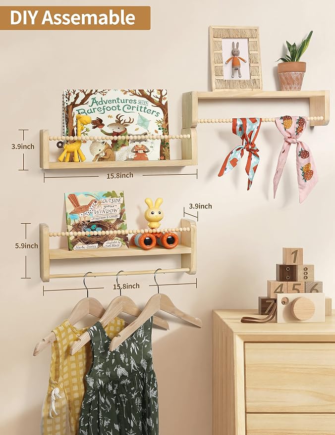 Maxpeuvon Nursery Shelves for Wall Set of 3, Natural Wood Floating Shelves | Kids Bookshelf with Towel Bar, Wall Mounted Organizer and Decor with Beads, for Kids Room, Bedroom and Kitchen