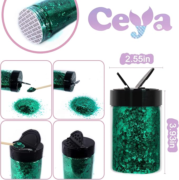Ceya Chunky Glitter, 4.9oz/ 140g Christmas Green Craft Glitter Powder Mixed Fine Flakes Iridescent Nail Sequins for Nail Art, Hair, Epoxy Resin, Tumblers, Slime, Painting, Festival Decor