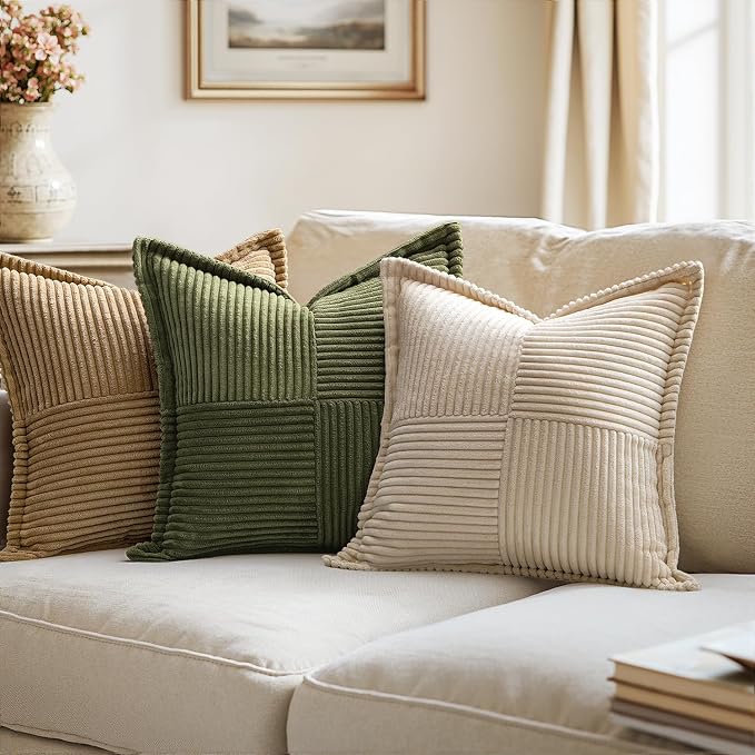 MIULEE Olive Green Corduroy Decorative Euro Sham Pillow Covers 24x24 Inch with Splicing Set of 2 Soft Boho Pillow Covers Broadside Textured Summer Pillowcases for Couch Bed Livingroom