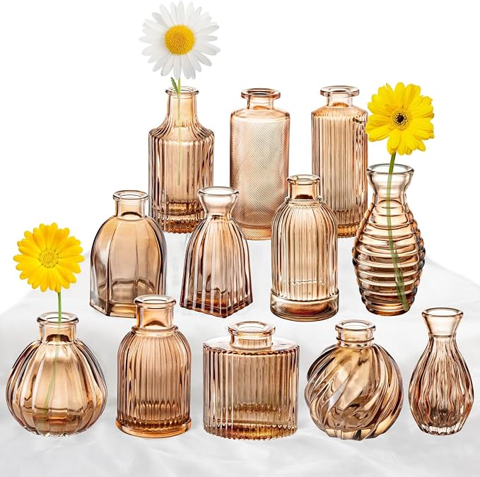 Bud Vases Set of 12, Amber Glass Bud Vase in Bulk for Decor | Small Glass Vases Modern Ribbed Amber Vase Flower Vase for Vintage Boho Wedding Centerpieces Rustic Home Table Decoration