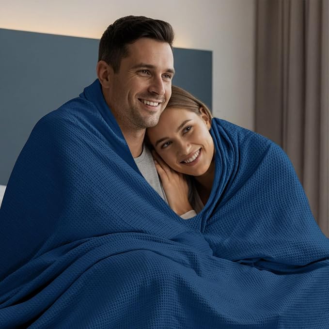 Utopia Bedding Cotton Blend Navy Waffle Blanket King - 90x104 Inches | Lightweight, Skin Friendly, Breathable, All Season, Luxury, Bed, Couch, Sofa