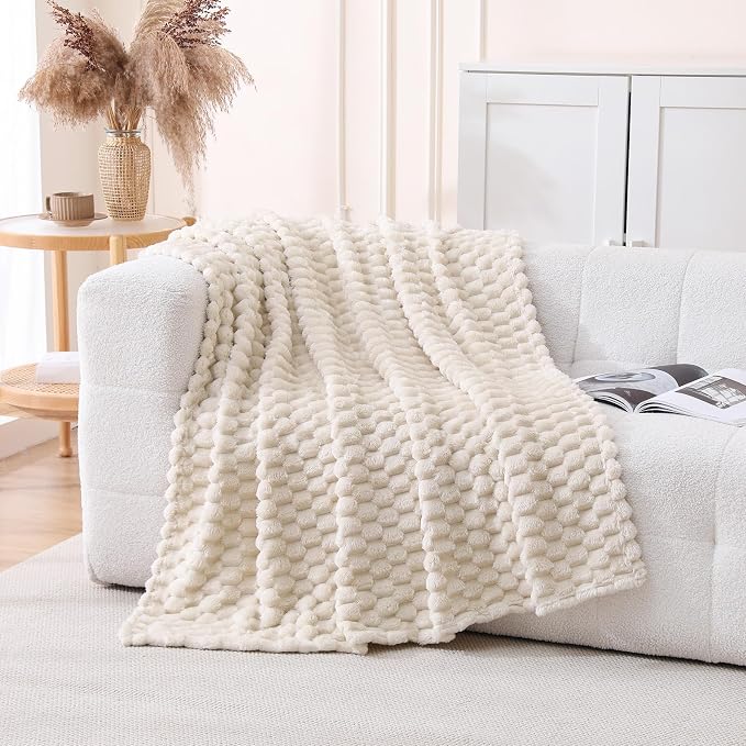 Cream Fleece Throw Blanket 60”×80” for Couch Sofa Bed Super Soft Cozy Plush Microfiber Flannel Blanket with 3D Jacquard Decorative Lightweight for Mom Woman
