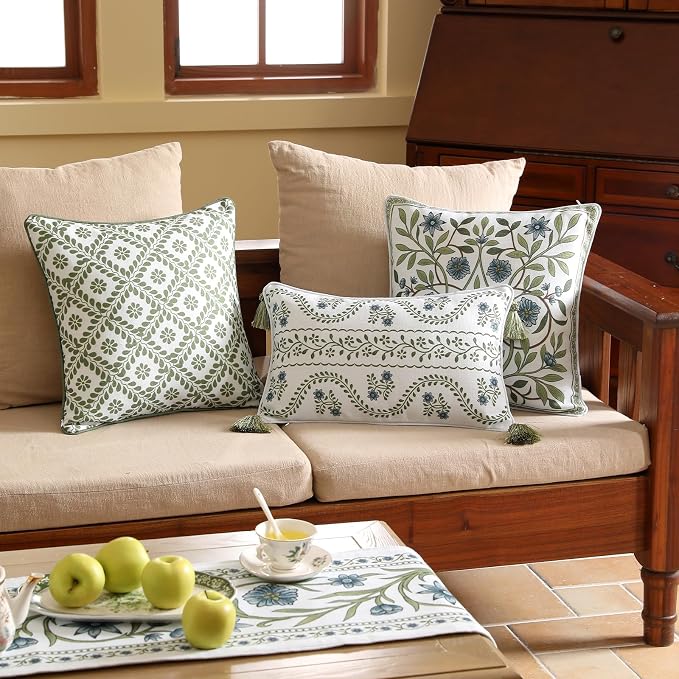 Designer Vintage Linen Throw Pillow Cover,28"x12"-Mosella D | French Elegant Rectangle Decor Pillow Cover,Concealed Zipper Design,Floral Pattern,Sofa,Bedroom,Living Room,Lounge Chairs